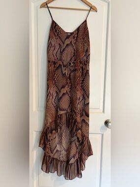 Lavender Brown Neutral Snake-Print High-Low Ruffle Slip Dress S